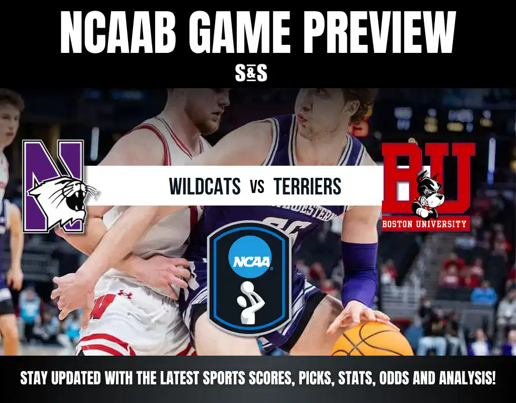Previews 6 NCAA basketball game preview graphic featuring logos for Northwestern Wildcats and Boston University Terriers with a basketball and stats theme.