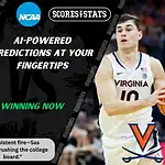 Home 44 College basketball promo graphic featuring Northwestern Wildcats and Virginia Cavaliers players with team logos and Scores and Stats branding, promoting betting picks and predictions for their November 21, 2025 matchup.