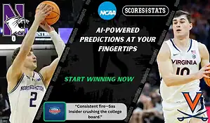 College basketball promo graphic featuring Northwestern Wildcats and Virginia Cavaliers players with team logos and Scores and Stats branding, promoting betting picks and predictions for their November 21, 2025 matchup.