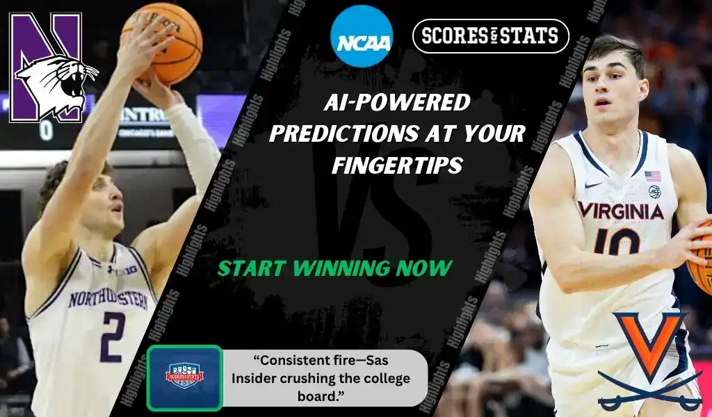 College basketball promo graphic featuring Northwestern Wildcats and Virginia Cavaliers players with team logos and Scores and Stats branding, promoting betting picks and predictions for their November 21, 2025 matchup.