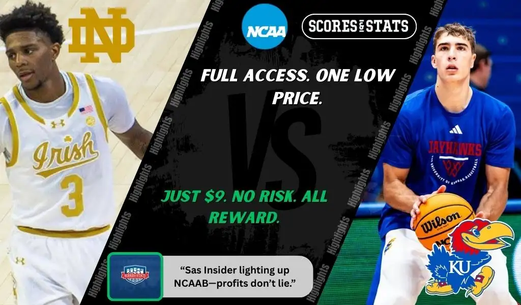 Notre Dame Fighting Irish and Kansas Jayhawks players featured in a matchup graphic promoting NCAAB picks and predictions for November 24, 2025, with ScoresAndStats branding
