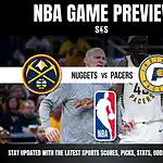 An NBA game preview featuring logos for the Nuggets and Pacers, with text encouraging updates on scores and analysis.