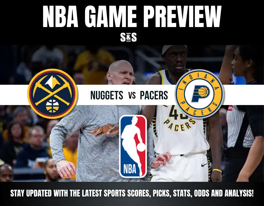 An NBA game preview featuring logos for the Nuggets and Pacers, with text encouraging updates on scores and analysis.