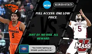 Oregon State Beavers and Massachusetts Minutemen players featured in a matchup graphic promoting NCAAB picks and predictions for November 24, 2025, with ScoresAndStats branding
