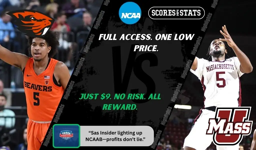Previews 8 Oregon State Beavers and Massachusetts Minutemen players featured in a matchup graphic promoting NCAAB picks and predictions for November 24, 2025, with ScoresAndStats branding