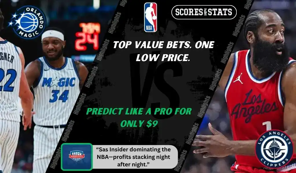 Promotional NBA graphic featuring Orlando Magic and Los Angeles Clippers players with team logos and Scores and Stats branding, advertising betting picks and predictions for their November 20, 2025 matchup.