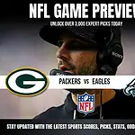 Home 28 NFL game preview featuring the Green Bay Packers and Philadelphia Eagles, with promotional text for expert picks and analysis.
