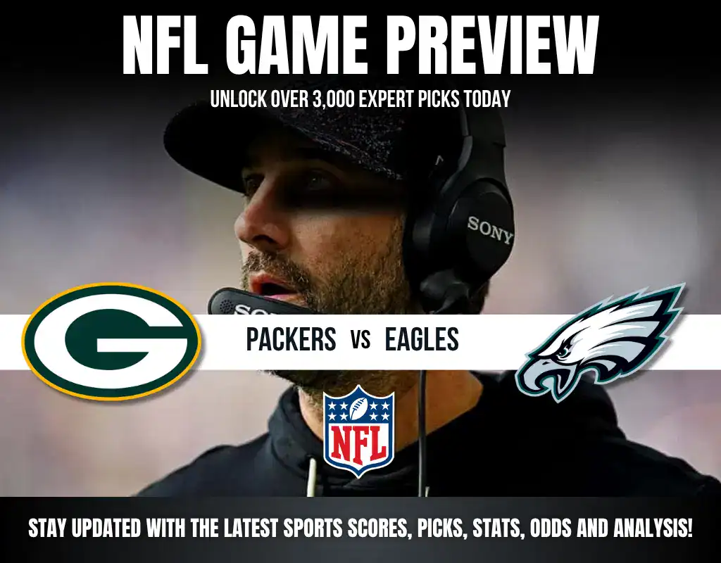 NFL game preview featuring the Green Bay Packers and Philadelphia Eagles, with promotional text for expert picks and analysis.