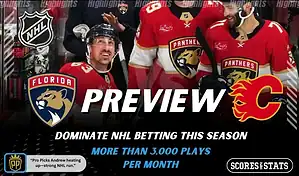 Florida Panthers vs Calgary Flames NHL preview graphic for November 28, 2025 showing Panthers players celebrating and both team logos.