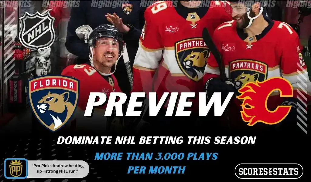 Florida Panthers vs Calgary Flames NHL preview graphic for November 28, 2025 showing Panthers players celebrating and both team logos.