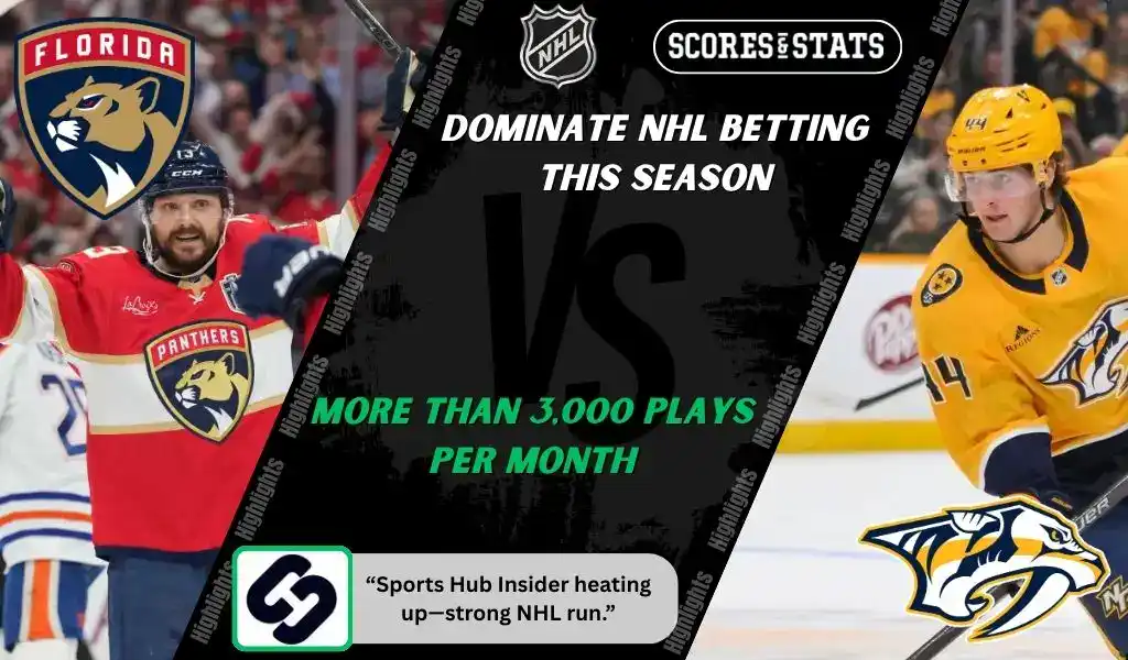 Florida Panthers and Nashville Predators players featured in a matchup graphic promoting NHL picks and predictions for November 24, 2025, with ScoresAndStats branding
