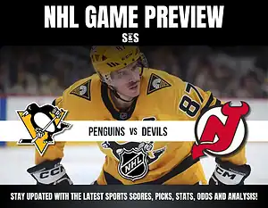 NHL game preview featuring the Penguins vs Devils, highlighting player action and team logos, emphasizing sports updates.