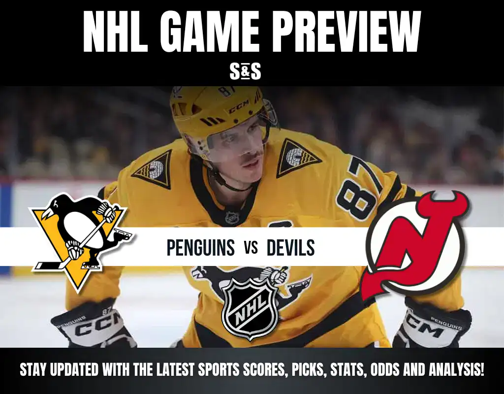 Previews 8 NHL game preview featuring the Penguins vs Devils, highlighting player action and team logos, emphasizing sports updates.