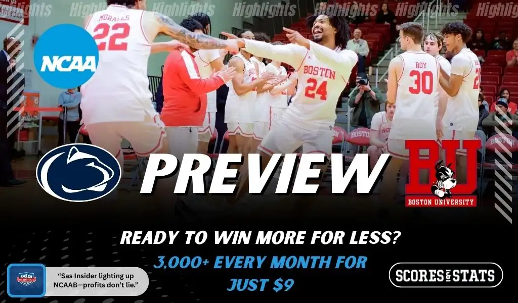 Penn State Nittany Lions and Boston University Terriers players featured in a matchup graphic promoting NCAAB picks and predictions for November 25, 2025, with ScoresAndStats branding