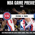 Home 13 NBA game preview graphic featuring logos of the Detroit Pistons and Philadelphia 76ers with action shots of players in uniforms.