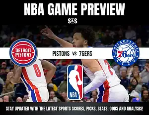 NBA game preview graphic featuring logos of the Detroit Pistons and Philadelphia 76ers with action shots of players in uniforms.