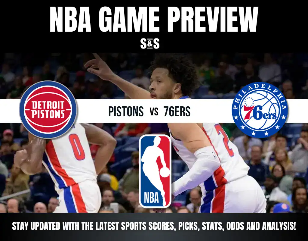 Previews 7 NBA game preview graphic featuring logos of the Detroit Pistons and Philadelphia 76ers with action shots of players in uniforms.