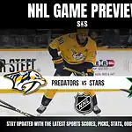 Home 20 An NHL game preview featuring the Predators vs. Stars, with player action on ice and game details highlighted.