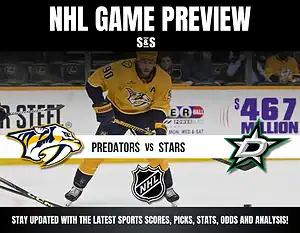 An NHL game preview featuring the Predators vs. Stars, with player action on ice and game details highlighted.