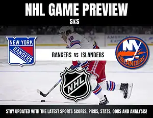 NHL game preview featuring a player from the New York Rangers, with logos of the Rangers and Islanders prominently displayed.