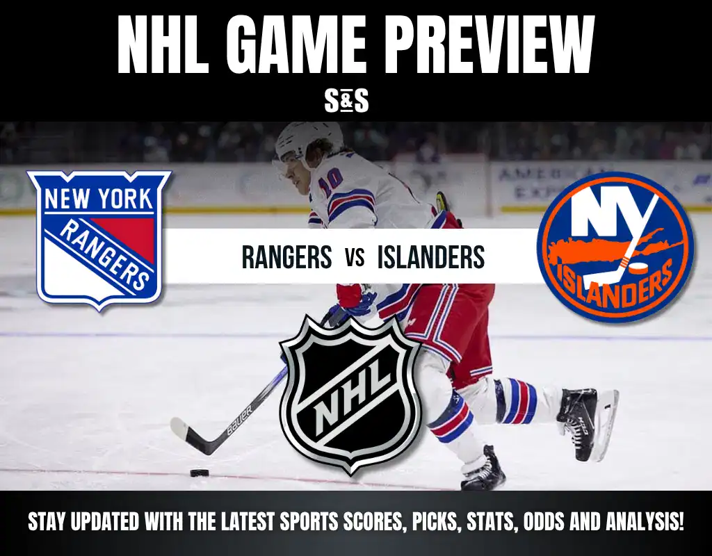 NHL game preview featuring a player from the New York Rangers, with logos of the Rangers and Islanders prominently displayed.