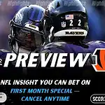 Baltimore Ravens and Cincinnati Bengals matchup graphic featuring Ravens players in action, promoting NFL picks and predictions for November 27, 2025, with ScoresAndStats branding