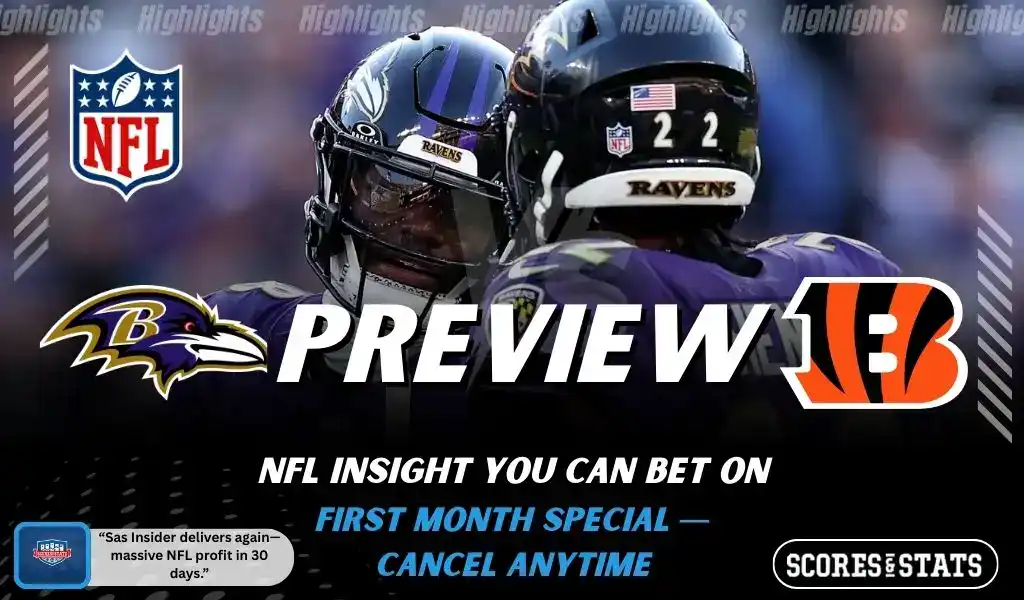 Baltimore Ravens and Cincinnati Bengals matchup graphic featuring Ravens players in action, promoting NFL picks and predictions for November 27, 2025, with ScoresAndStats branding