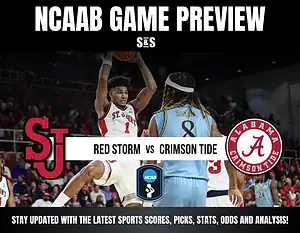 NCAA Basketball game preview: St. John's Red Storm faces Alabama Crimson Tide, featuring players in action on the court.