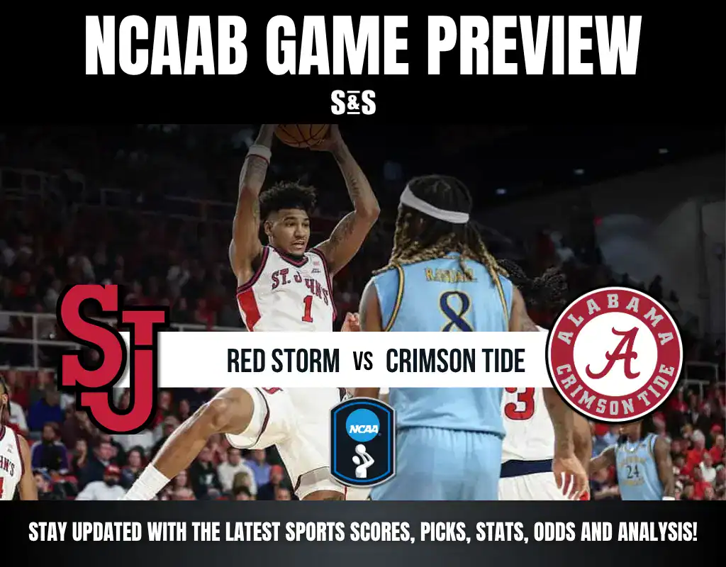 Previews 10 NCAA Basketball game preview: St. John's Red Storm faces Alabama Crimson Tide, featuring players in action on the court.