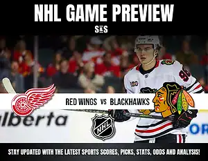 An NHL game preview featuring the logos of the Red Wings and Blackhawks, with a player holding a hockey stick against a blurred crowd.