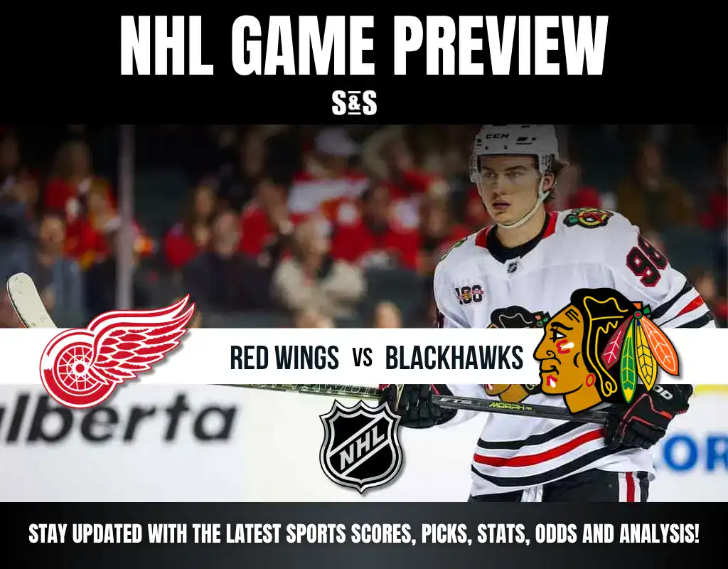 NHL 9 An NHL game preview featuring the logos of the Red Wings and Blackhawks, with a player holding a hockey stick against a blurred crowd.