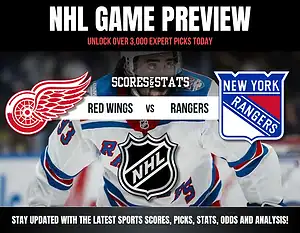 NHL game preview graphic featuring the logos of the Detroit Red Wings and New York Rangers, with action shot in the background.