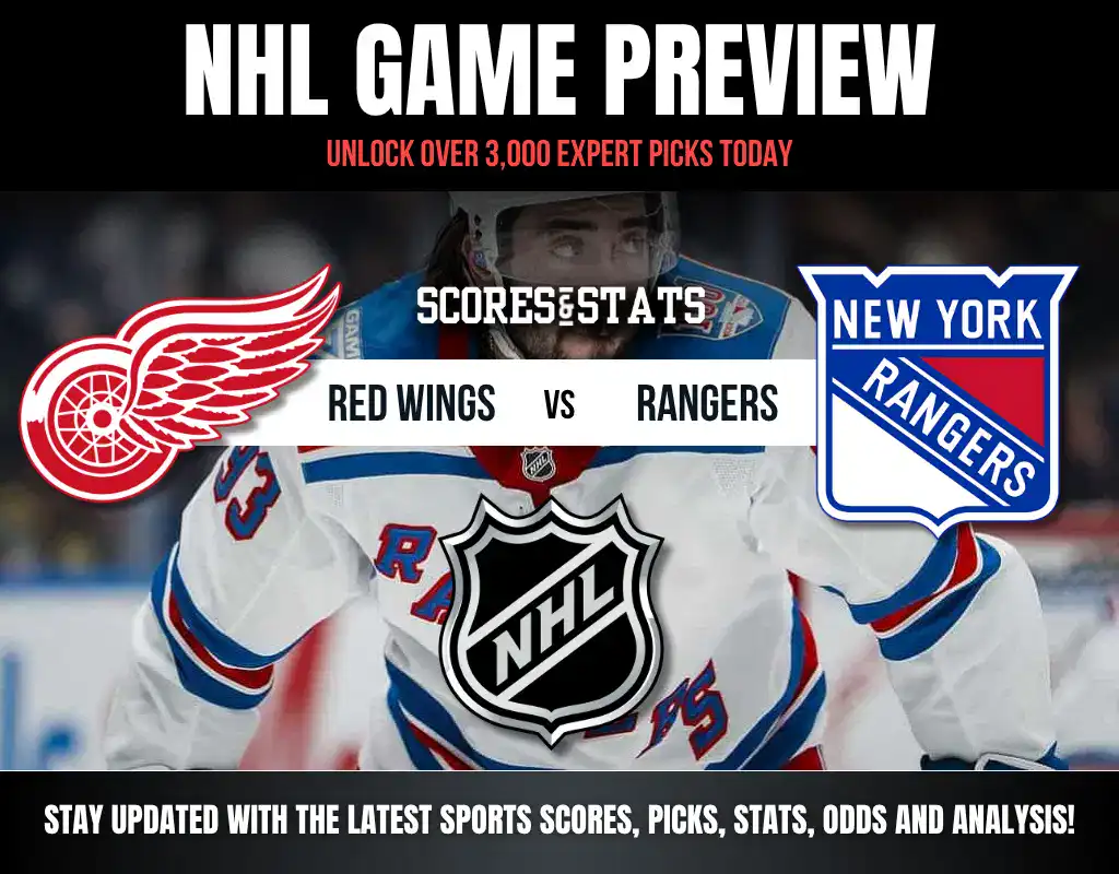 Previews 6 NHL game preview graphic featuring the logos of the Detroit Red Wings and New York Rangers, with action shot in the background.