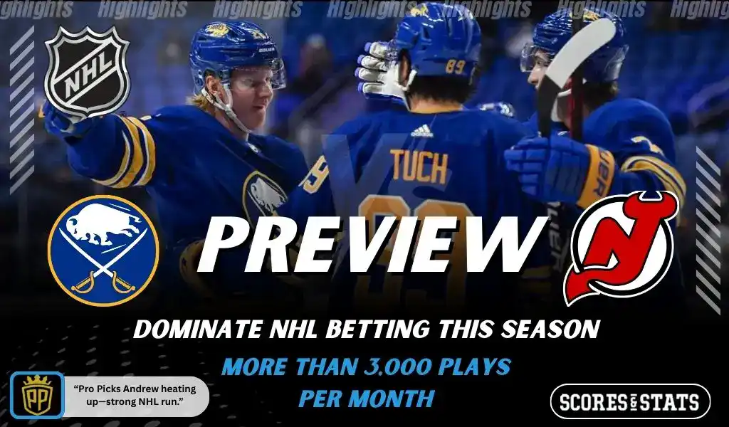 Buffalo Sabres vs New Jersey Devils NHL preview graphic for November 28, 2025 featuring players celebrating and both team logos.