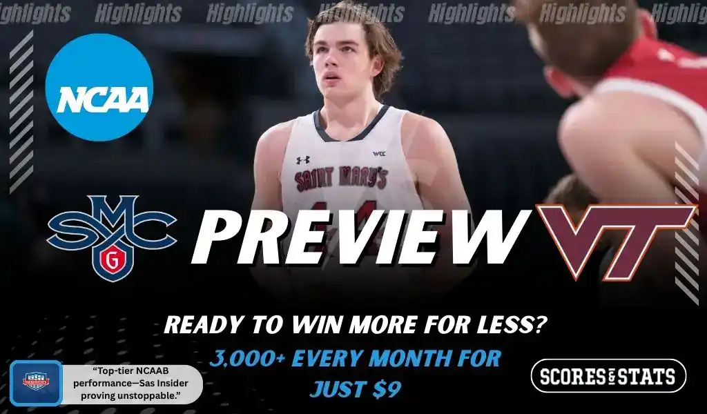 Saint Mary’s Gaels and Virginia Tech Hokies players featured in a matchup graphic promoting NCAAB picks and predictions for November 27, 2025, with ScoresAndStats branding