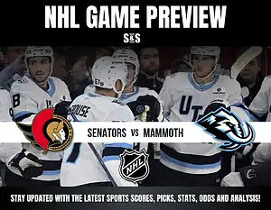 NHL Game Preview featuring Senators vs Mammoth, highlighting players in uniforms with logos and a call to check scores and stats.