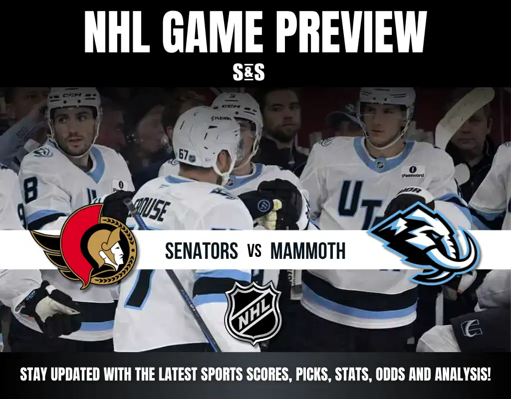 NHL 8 NHL Game Preview featuring Senators vs Mammoth, highlighting players in uniforms with logos and a call to check scores and stats.