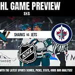 Home 21 NHL game preview featuring the Sharks vs. Jets, with team logos and a backdrop of players celebrating a goal.