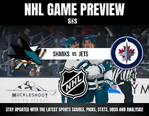 NHL game preview featuring the Sharks vs. Jets, with team logos and a backdrop of players celebrating a goal.