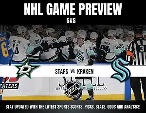 NHL game preview for Stars vs Kraken featuring players celebrating on the bench, highlighting team spirit and upcoming match excitement.