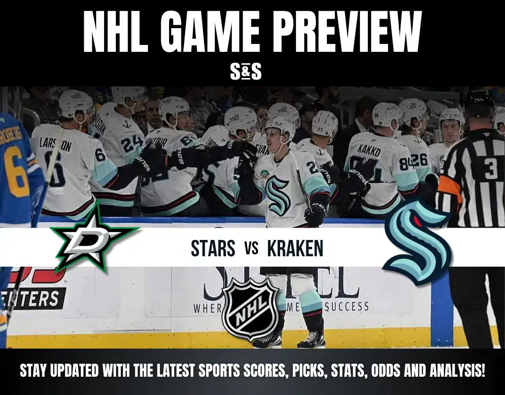 Previews 10 NHL game preview for Stars vs Kraken featuring players celebrating on the bench, highlighting team spirit and upcoming match excitement.