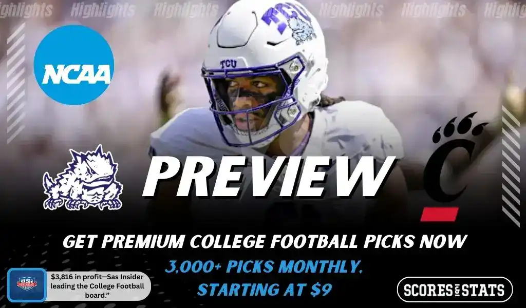 TCU Horned Frogs vs Cincinnati Bearcats college football preview graphic for November 29, 2025 featuring player action and team logos.