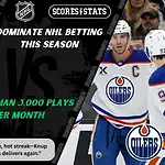 Home 21 NHL promo graphic featuring Tampa Bay Lightning and Edmonton Oilers players with team logos and Scores and Stats branding, highlighting betting picks and predictions for their November 20, 2025 matchup.