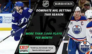 NHL promo graphic featuring Tampa Bay Lightning and Edmonton Oilers players with team logos and Scores and Stats branding, highlighting betting picks and predictions for their November 20, 2025 matchup.