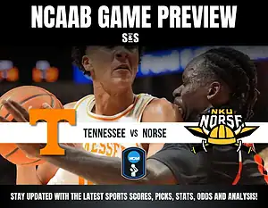 NCAA basketball game preview featuring Tennessee vs. NKU Norse, with players holding a basketball, set against a vibrant sports background.