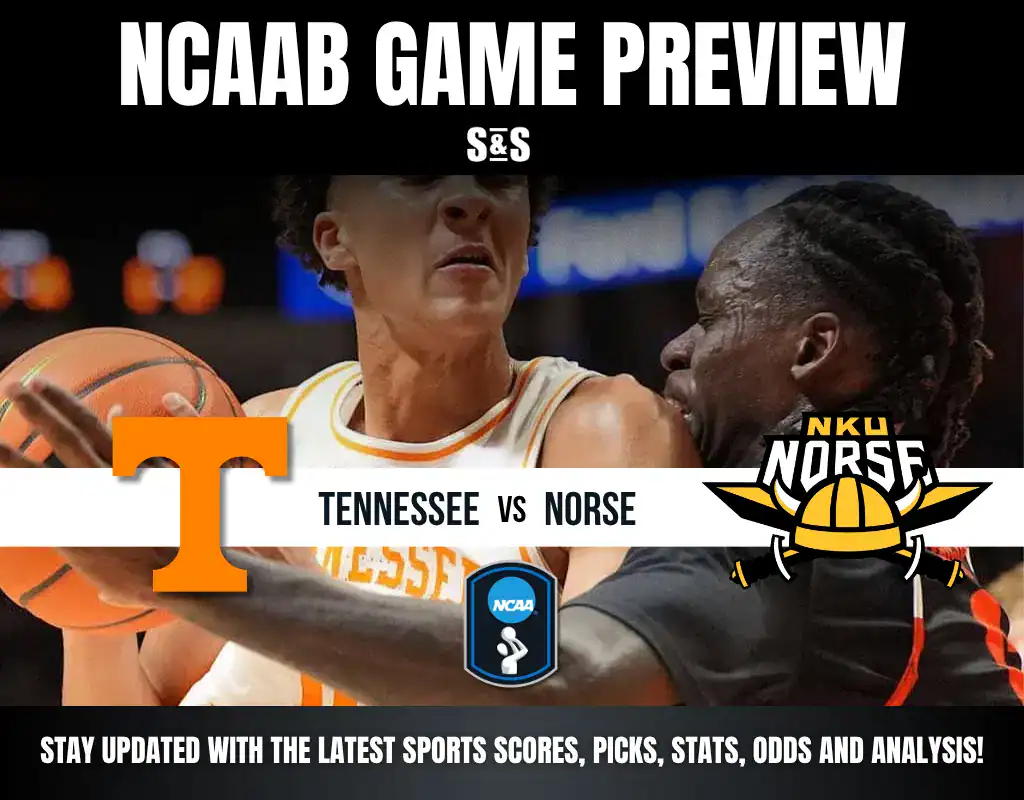 NCAA basketball game preview featuring Tennessee vs. NKU Norse, with players holding a basketball, set against a vibrant sports background.