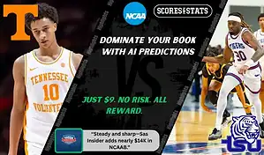 College basketball promo graphic featuring Tennessee Volunteers and Tennessee State Tigers players with team logos and Scores and Stats branding, highlighting betting picks and predictions for their November 20, 2025 matchup.