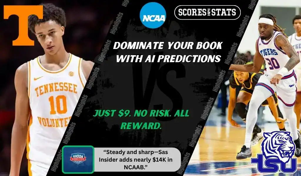 College basketball promo graphic featuring Tennessee Volunteers and Tennessee State Tigers players with team logos and Scores and Stats branding, highlighting betting picks and predictions for their November 20, 2025 matchup.