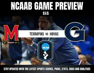 NCAAB game preview featuring Maryland Terrapins vs Georgetown Hoyas, highlighting team logos and NCAA branding.