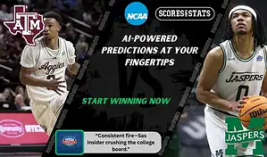 College basketball promo graphic featuring Texas A&M Aggies and Manhattan Jaspers players with team logos and Scores and Stats branding, highlighting betting picks and predictions for their November 21, 2025 matchup.